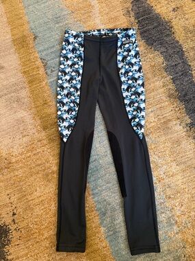 Kerrits Black Equestrian Breeches with Blue & White Horse Patterned Panels
